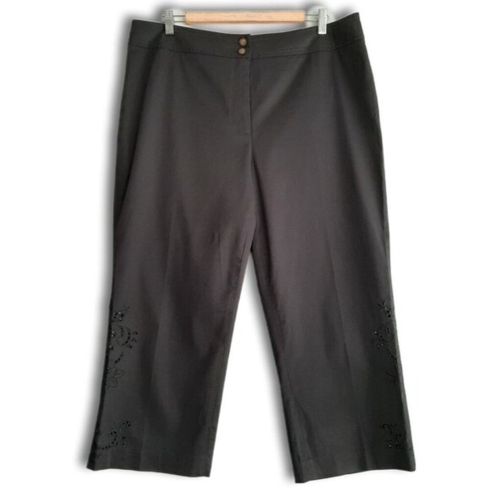 LAURA / Floral Eyelet Embroidery Capri Crop Cottagecore Dress Pants Black Sz 16